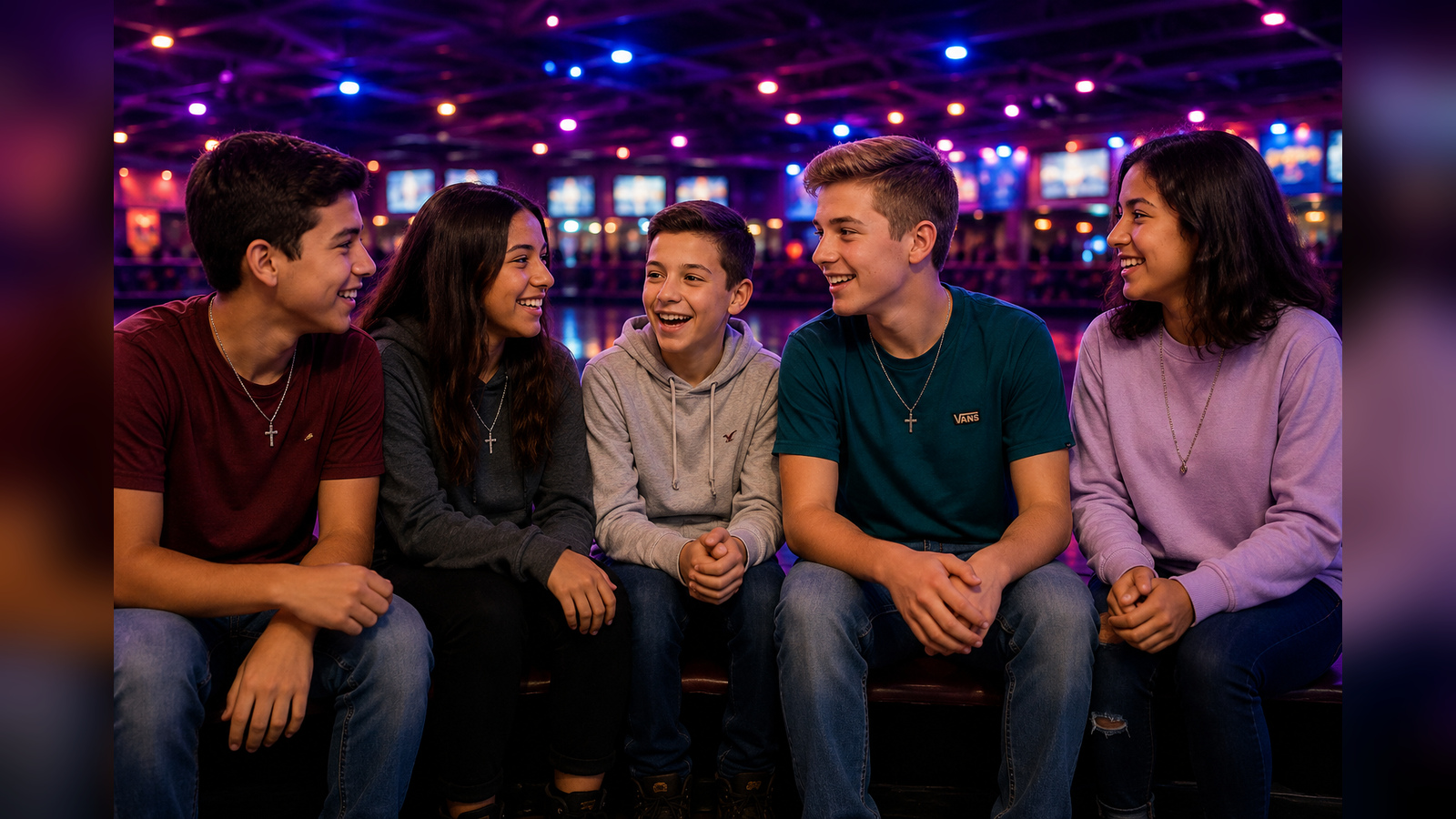 Young teen church and youth group friends enjoying a fun group night together