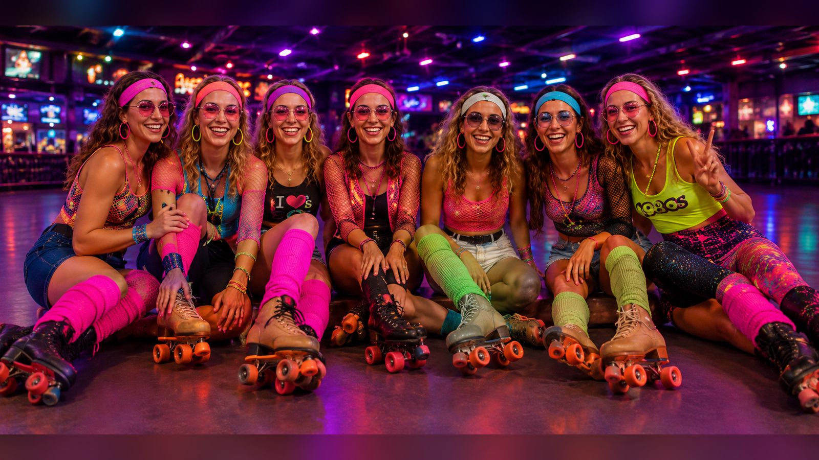 College-age friends enjoying a neon retro roller skating night