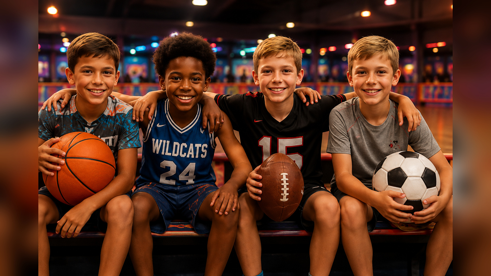 Elementary-age teammates celebrating together with basketball, football and soccer