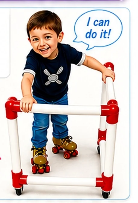 A smiling child skating confidently with a red and white SkateMate trainer