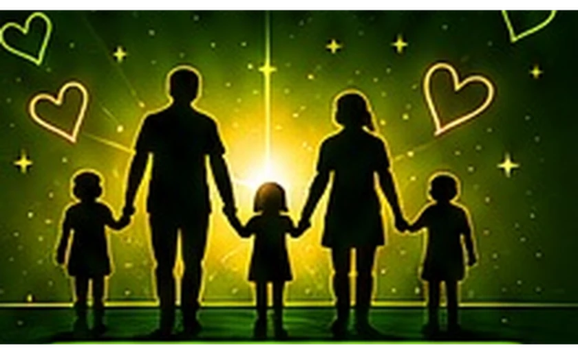 Family silhouettes in a warm green glow