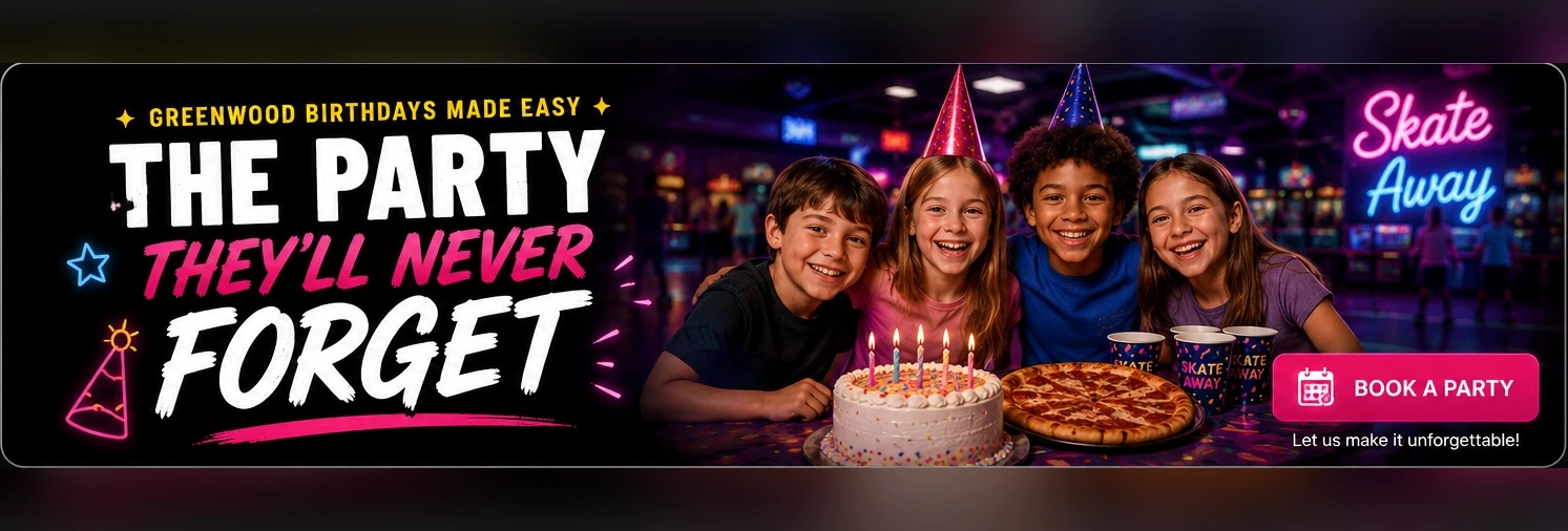 Skate Away birthday party with smiling kids, cake and pizza